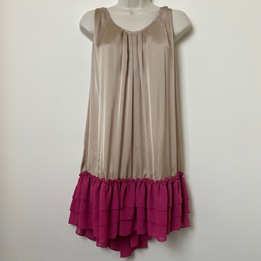 Indie Satin Trapeze Ruffle Hem Sleeveless Dress Champagne Magenta Semi-Sheer